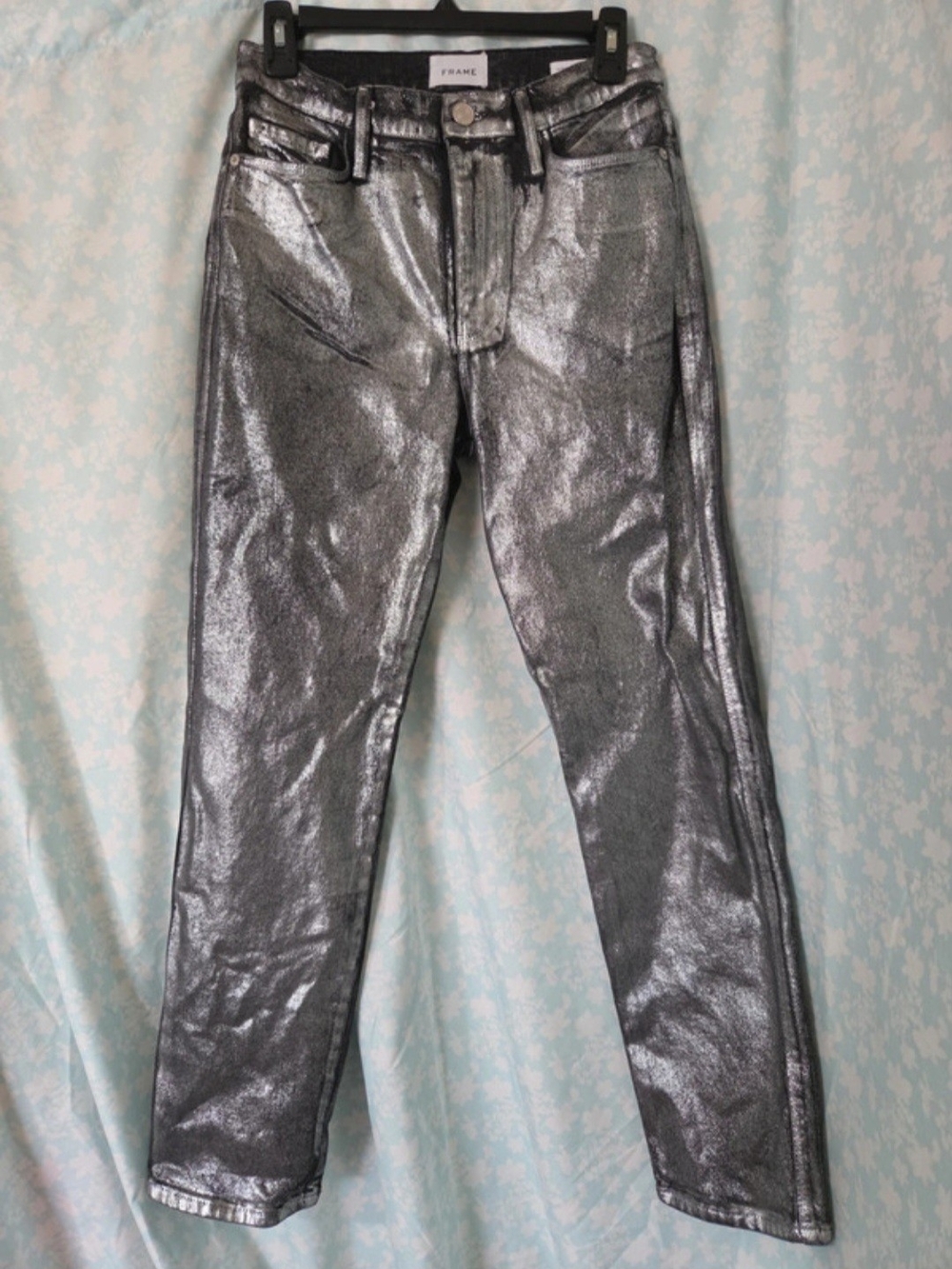 Frame Denim Metallic Silver Straight-Leg Jeans